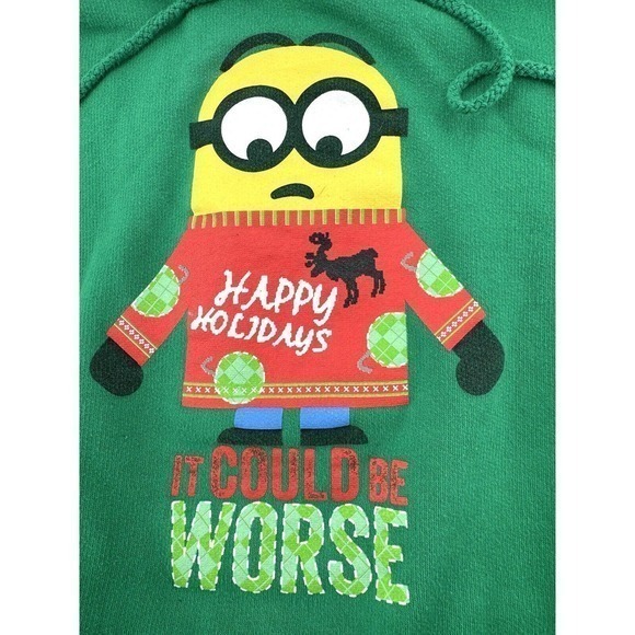 Universal Studios Green "It Could Be Worse" Minion Holiday Sweatshirt Hoodie XL‎ - Picture 8 of 11